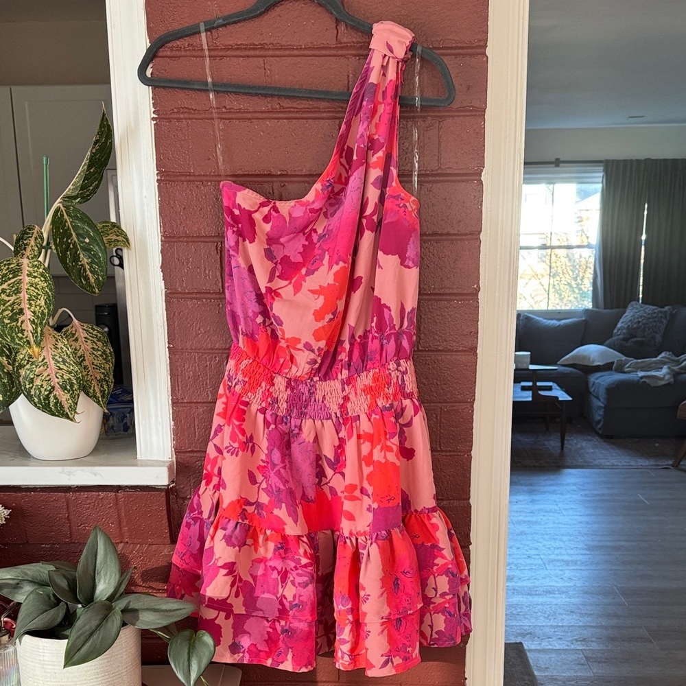 Entro Vibrant Pink and Red Floral One Shoulder Dress Large